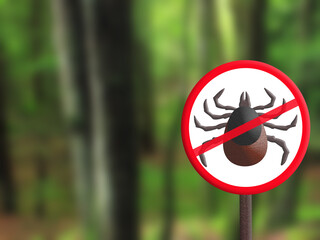 Tick warning sign in the forest. Tick parasite icon.
Risk of tick infestation and Lyme disease.