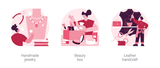 Poster - handmade startup abstract concept vector illustration set. handmade jewelry, beauty box, leather han