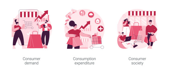 Poster - consumer society abstract concept vector illustration set. consumer demand, consumption expenditure,