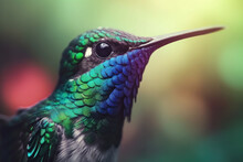 Generative AI Illustration Of Adorable Hummingbird With Multicolored Plumage And Long Tiny Beak On Blurred Background
