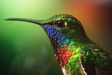 Generative AI Illustration Of Adorable Hummingbird With Multicolored Plumage And Long Tiny Beak On Blurred Background