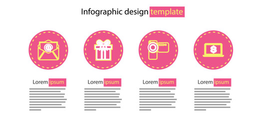 Poster - Set line Cinema camera, Laptop with dollar, Gift box and Mail and e-mail icon. Vector