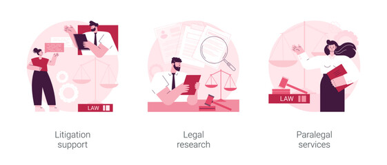 Poster - Legal outsourcing abstract concept vector illustration set. Litigation support, legal research, paralegal services, attorney assistant, forensic accounting, law firm, affidavit abstract metaphor.