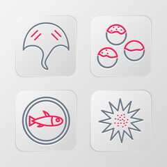 Sticker - Set line Sea urchin, Served fish on plate, Takoyaki and Stingray icon. Vector