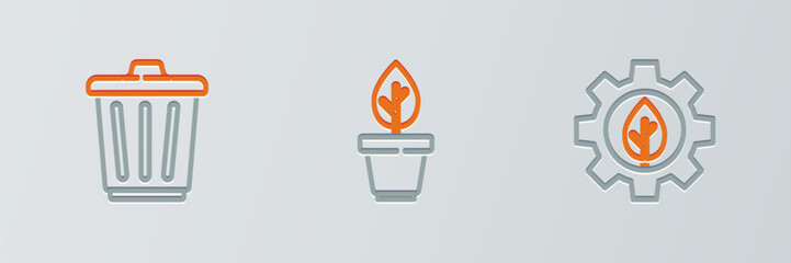 Poster - Set line Leaf plant in gear machine, Trash can and Plant pot icon. Vector