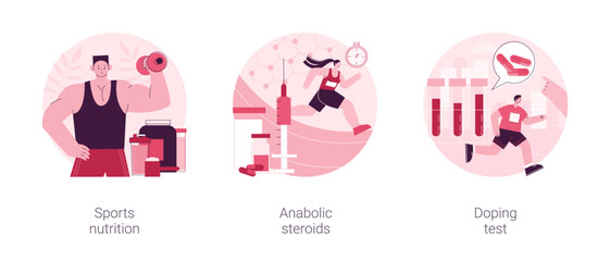 Poster - Sports supplements abstract concept vector illustration set. Sports nutrition, anabolic steroids, doping test, muscle mass, athletic performance, laboratory analysis, blood sample abstract metaphor.