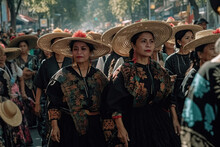 Generative AI Illustration Of Group Of Serious Mexican Women Dressed As Catrinas And Catrines Walking On Street During Parade For Day Of Dead Celebration