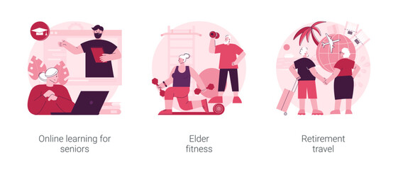 Poster - Elderly people lifestyle abstract concept vector illustration set. Online learning for seniors, elder fitness, retirement travel, fitness program, pension traveling expenses abstract metaphor.