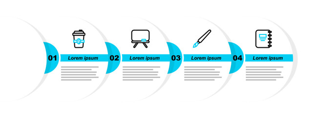 Poster - Set line Notebook, Paint brush, Chalkboard and Coffee cup to go icon. Vector