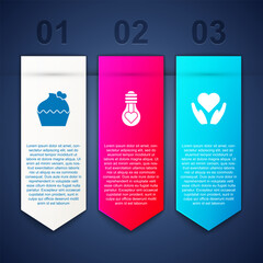 Sticker - Set Wedding cake with heart, Heart shape light bulb and hand. Business infographic template. Vector