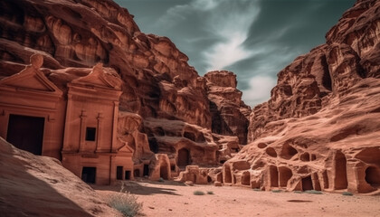 Poster - Majestic sandstone cliff reveals ancient eroded tomb generated by AI