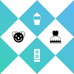 Poster - Set Clown head, Stereo speaker, Ice cream in waffle cone and Woman dress icon. Vector