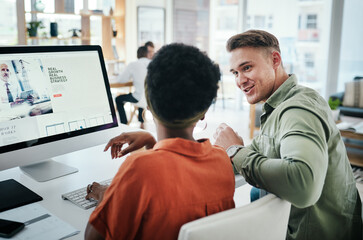 Poster - Thats a brilliant idea. two young business colleagues having a discussion and working on a computer together in the office.
