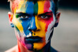 © ADDICTIVE STOCK - Generative AI image of serious crop young male with multicolored paint on face standing against blurred background and looking at camera