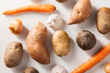 Wall Mural - food, eating and culinary concept - close up of different raw vegetables on white background, top view