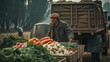 © ADDICTIVE STOCK - Generative AI image of Chinese male with hat standing near cart with fresh organic harvested vegetables and loading on truck against blurred agriculture fields