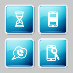 Poster - Set line Hourglass, Mobile with FAQ information, Speech bubble phone call and diagnostics icon. Vector