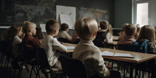 Generative AI Illustration Of Class Full Of Children Sitting Against Chalkboard In Modern Classroom