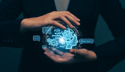 Poster - Chatbot chat with AI artificial intelligence. Concept of using AI technology to help work in order to work easier and faster. Future technology development business