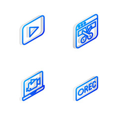 Sticker - Set Isometric line Video recorder or editor, Play button, Online play video and Record icon. Vector