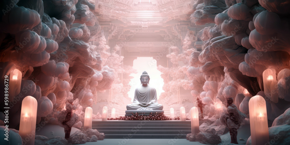 Generative AI illustration of Buddha statue in lotus pose surrounded by ...