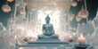 © ADDICTIVE STOCK - Generative AI illustration of Buddha statue in lotus pose surrounded by burning candles in sacred temple with uneven walls