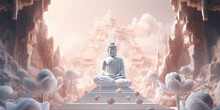 Generative AI Illustration Of Buddha Statue In Lotus Pose Surrounded By Burning Candles In Sacred Temple With Uneven Walls