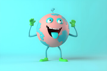 Wall Mural - Cute earth character waving hands cartoon mascot globe personage. Generative AI.