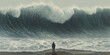 © ADDICTIVE STOCK - Back view of fearless man standing on sandy beach in front of big wave. Generative AI