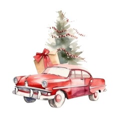 Wall Mural - Watercolor illustration of red retro car with christmas tree anf gift boxes.