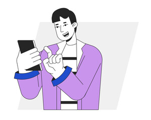 Poster - Excited guy playing on smartphone flat line vector spot illustration. Scrolling phone 2D cartoon outline character on white for web UI design. Gadget user editable isolated colorful hero image