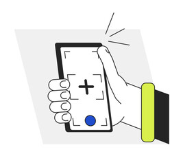 Poster - Taking selfie with smart phone camera flat line vector spot illustration. Auto focus on display 2D cartoon outline first view hand on white for web UI design. Editable isolated colorful hero image