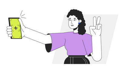 Poster - Girl posing for selfie with peace fingers flat line vector spot illustration. Gen Z woman holding phone 2D cartoon outline character on white for web UI design. Editable isolated colorful hero image