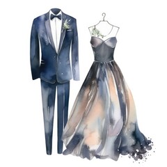 Wall Mural - Watercolor wedding dress of the bride and grooms suit.