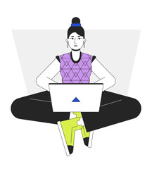 Poster - girl blogger typing on laptop flat line vector spot illustration. female writer sitting with noteboo