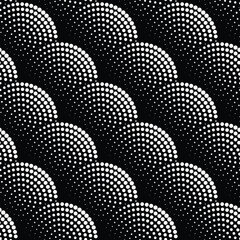 Poster - Geometric abstract seamless wavy pattern with dotted circles made of small white dots on a black background. Halftone monochrome textile texture.  Vector illustration. 