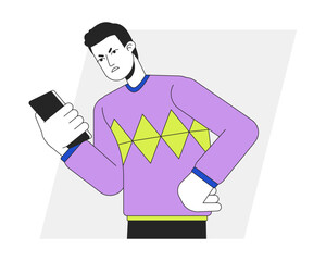 Poster - Angry caller looking at phone flat line vector spot illustration. Irritated man squeezing smartphone 2D cartoon outline character on white for web UI design. Editable isolated colorful hero image