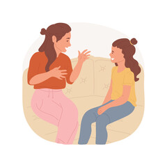 Poster - Personal talk with mom isolated cartoon vector illustration. Teen talking with parent, mom and daughter discussing news, teenager lifestyle and spirit, mothers care vector cartoon.