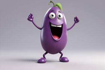 Wall Mural - Cute cartoon eggplant character. Happy funny food personage. Healthy food concept. Generative AI.