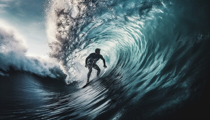 Poster - Muscular surfer rides barrel in tropical paradise generative AI