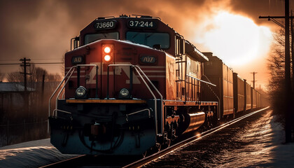 Poster - Steam train speeds through sunset, transporting freight generative AI