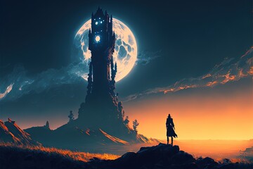 A dark medieval fantasy landscape with a tall black Romanesque tower, silhouetted against the full moon.