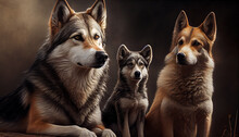 Artistic Portrait Of A Family Of A Wolf's, Wolf, She-wolf, Wolverine. Illustration AI