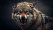 Artistic recreation of a furious and aggressive wolf showing teeth on a cloudy rainy day. Illustration AI