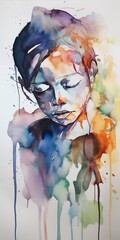 Wall Mural - abstract watercolor painting of a person dealing with sleeplessness because of pain and depression. - Generative AI 