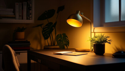 Poster - Modern lamp illuminates dark home office space generative AI