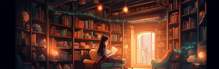 Beautiful and magical illustration of a girl with flying books. Books are depicted as having magical powers or abilities. Libras have an ethereal glow that adds to the mystical atmosphere.