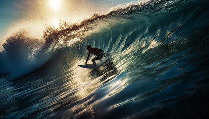 Sticker - Muscular athlete balances on surfboard, spraying liquid generated by AI