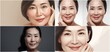 illustration. Close up portrait of gorgeous happy middle aged mature asian woman, senior 50 year old lady touching her face isolated on white. Advertisement for lifting anti-wrinkle skin care cream.