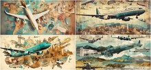 Artistic Collage Of World Travel By Plane Beautiful Illustrations Depicting Different Destinations A Unique And Creative Way To Showcase The Beauty Of Air Travel And Adventure